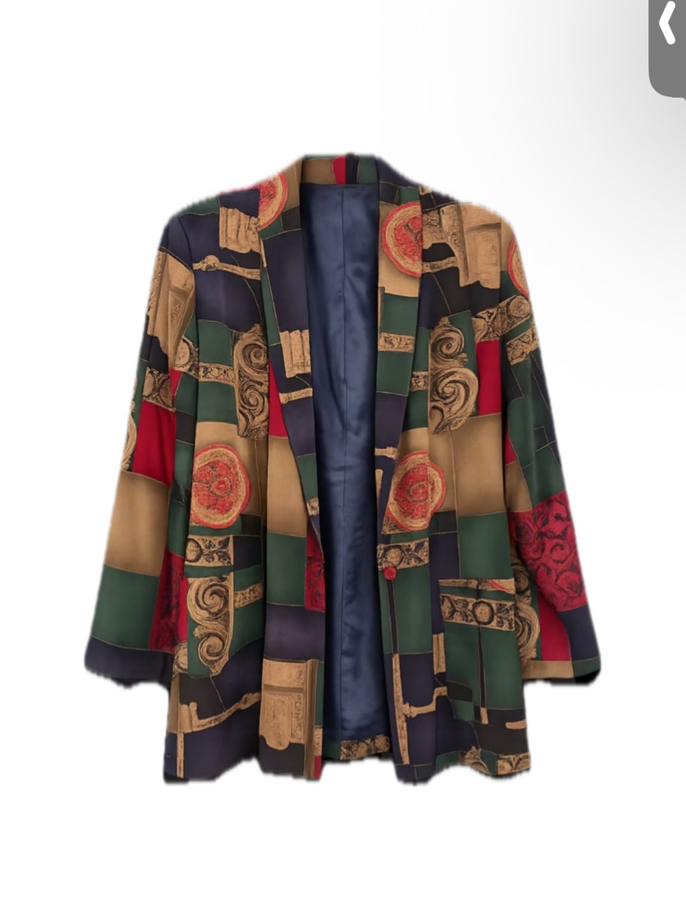 Vintage Marshall Rousso Silk-Blend Patterned Open Blazer - Green Multi Large